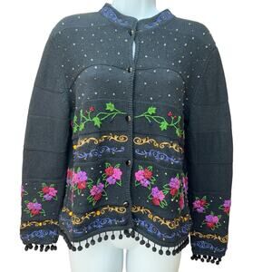 Ann Trinity Holiday Cardigan Women's Size Medium Black Beaded Embroider Ornate